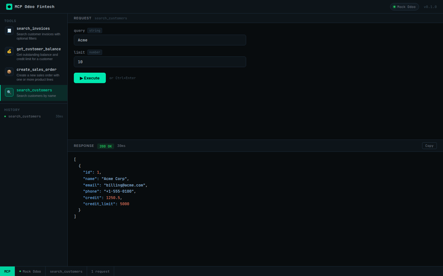 search_customers — partial name lookup with JSON response
