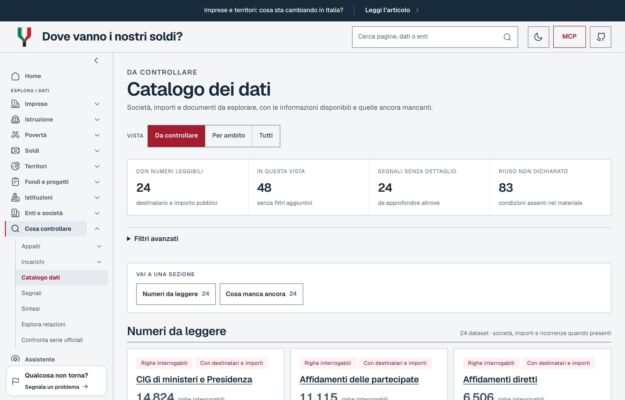 Catalogo dati: dataset integrati, filtri per evidenza e pubblicazione