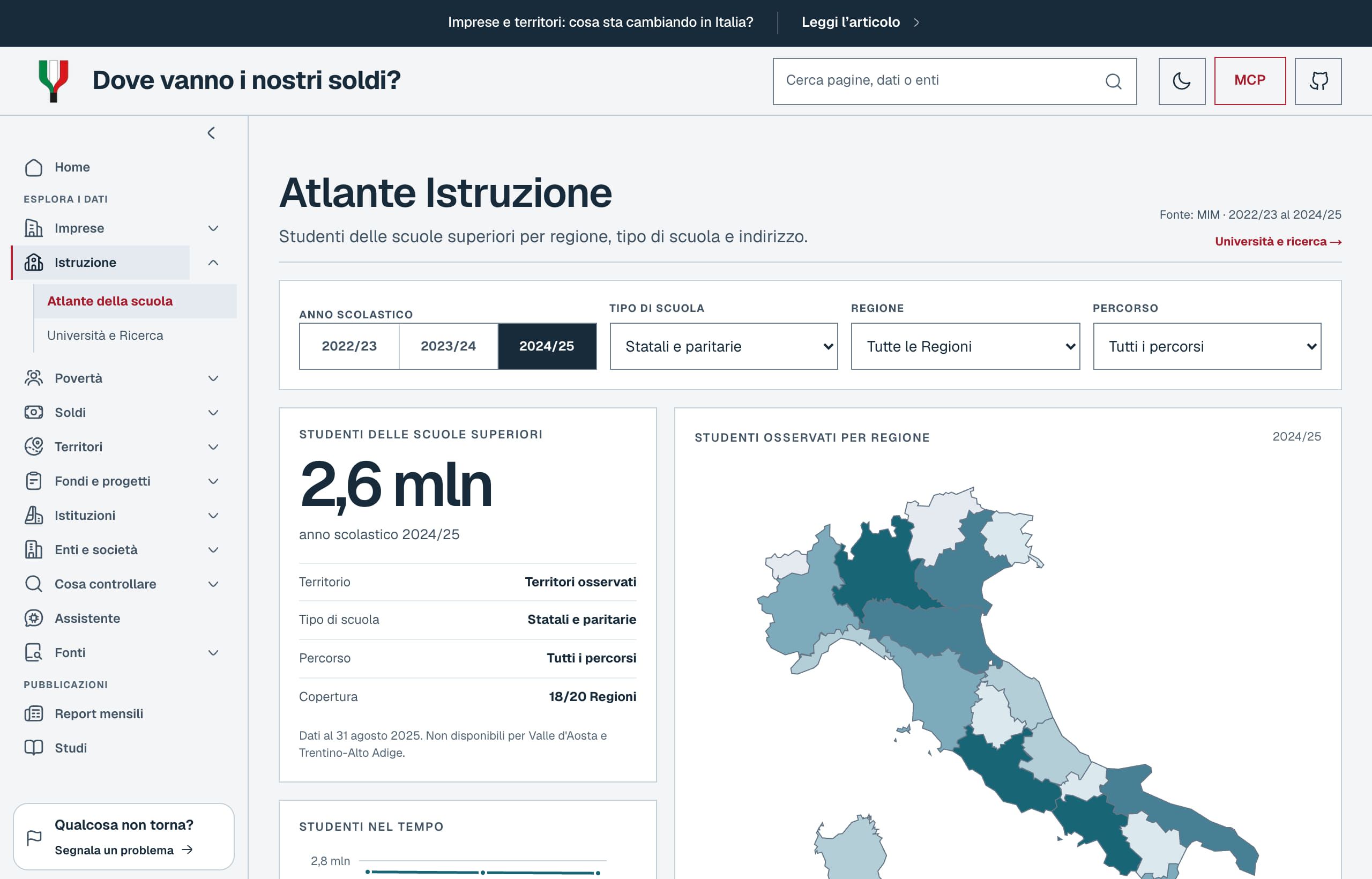 Atlante Istruzione: studenti osservati per Regione, anno e percorso