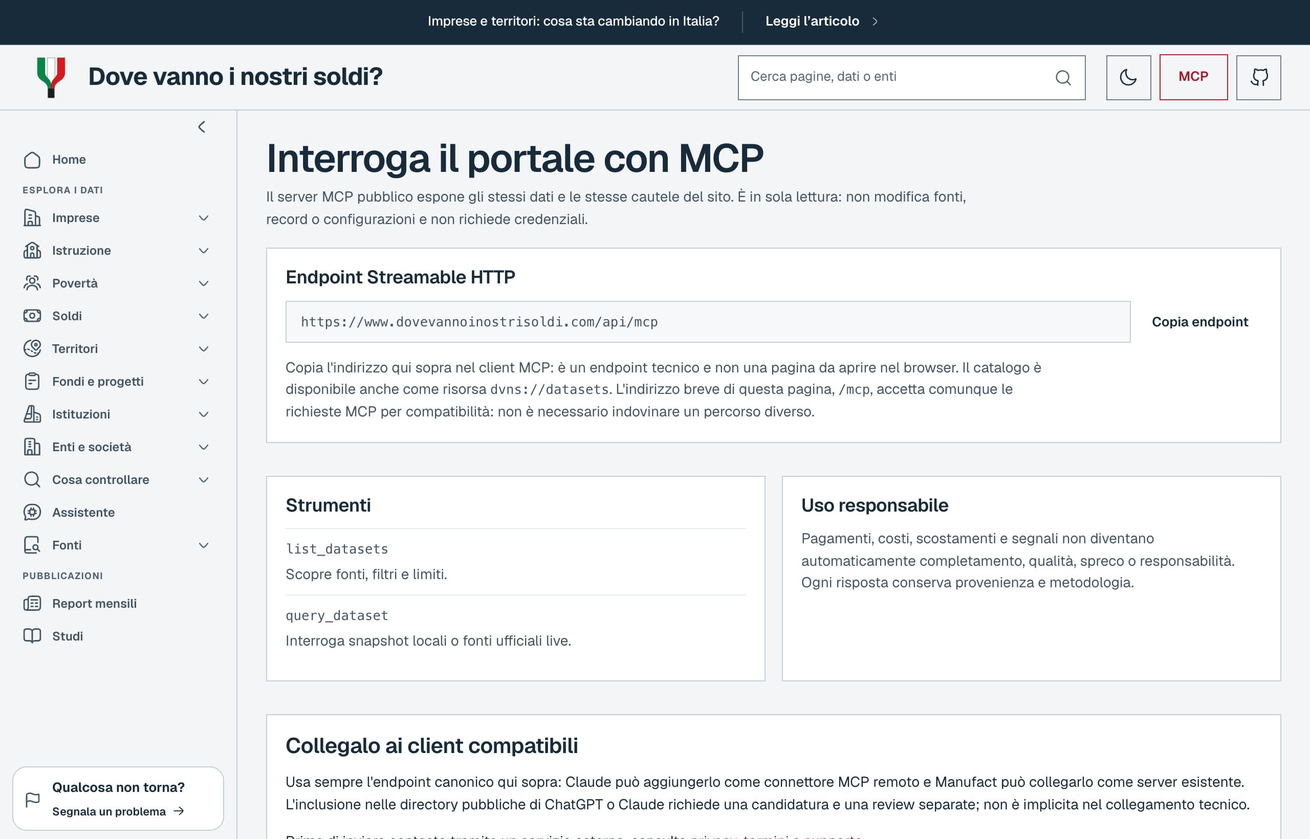 Pagina MCP: endpoint pubblico, strumenti list_datasets e query_dataset