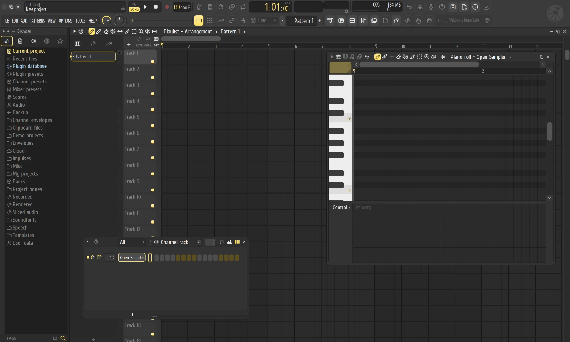 Lemon Studio with the browser, playlist, channel rack and piano roll open