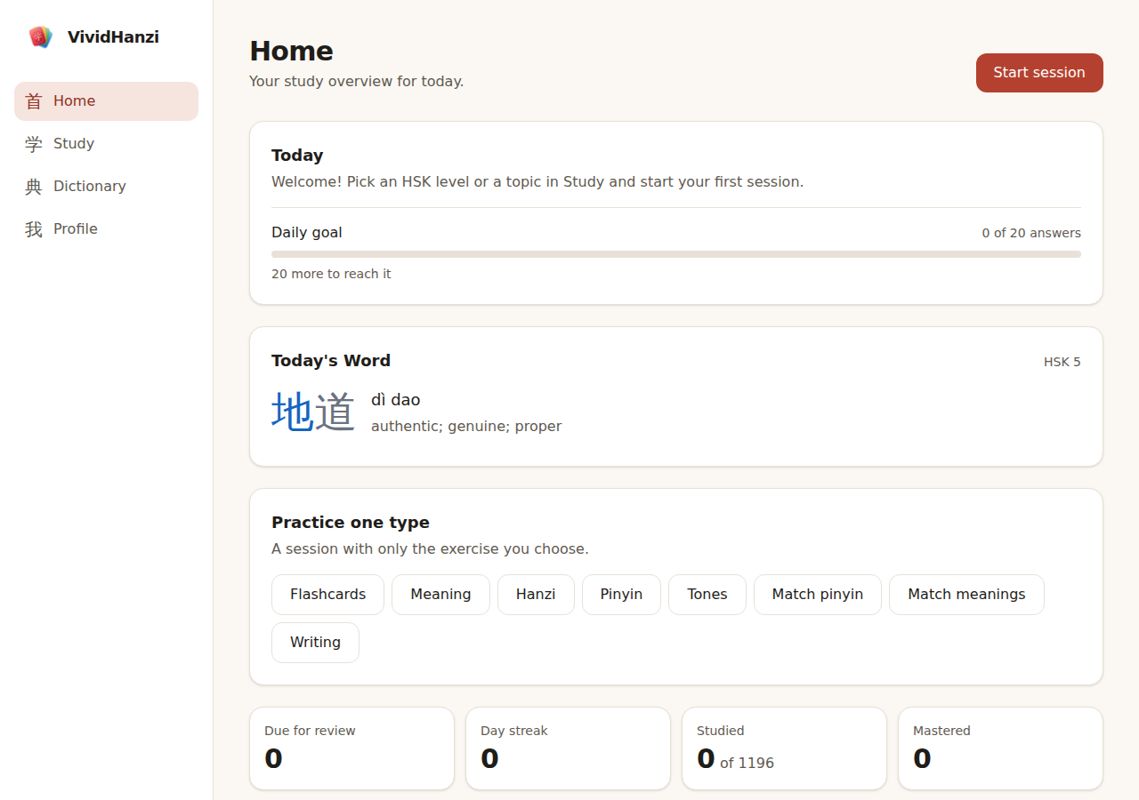 Home: daily goal, Today's Word and quick practice