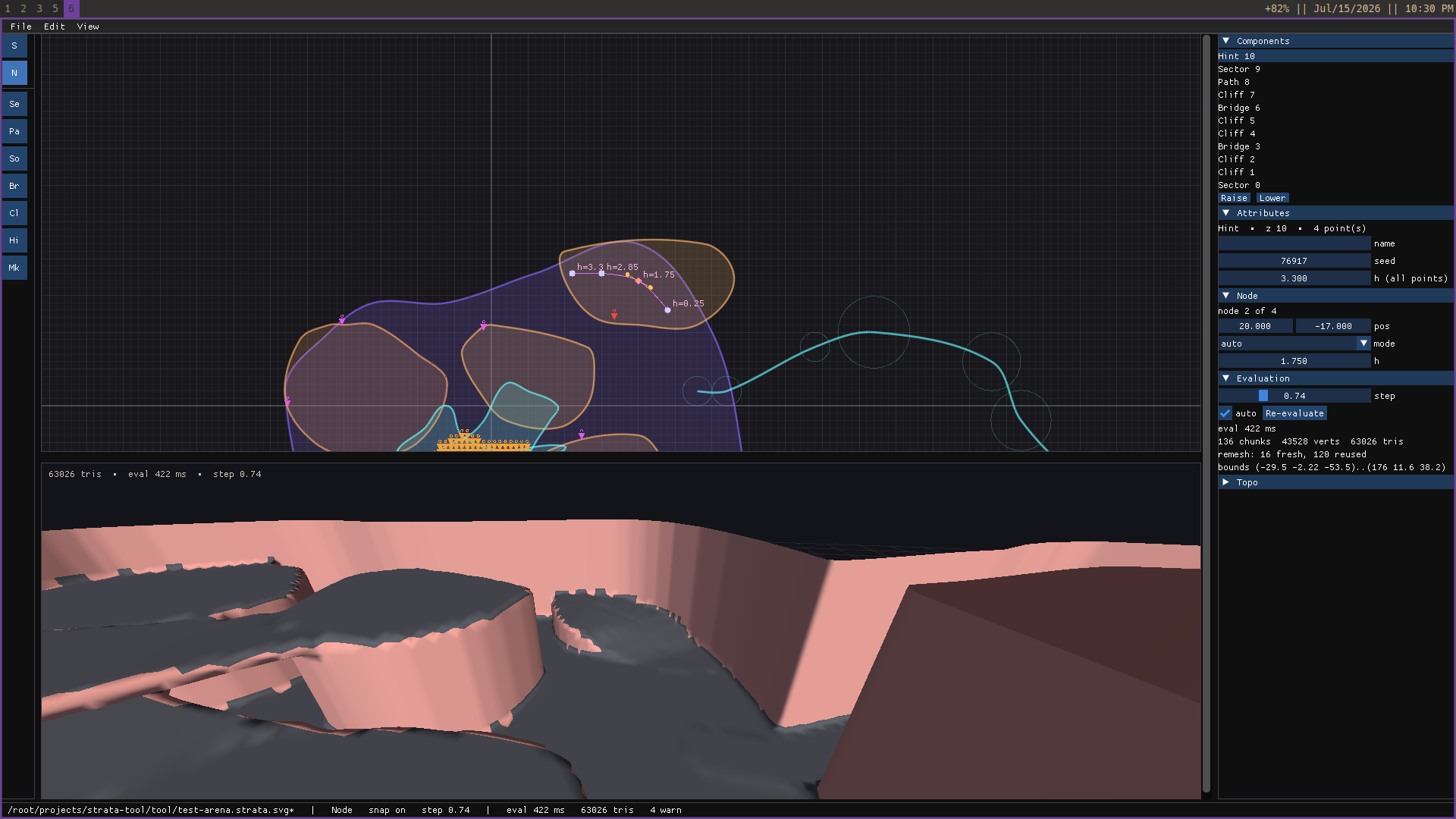 The editor: 2D vector document on top (the only editing surface), live-compiled 3D preview below, value sidebar right