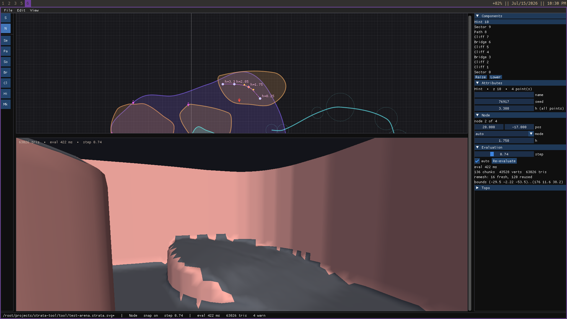 A fall-line Hint folds the arena floor: per-node heights grade the sheet, and the derived cliff shrinks to a walkable ramp where the line crosses it