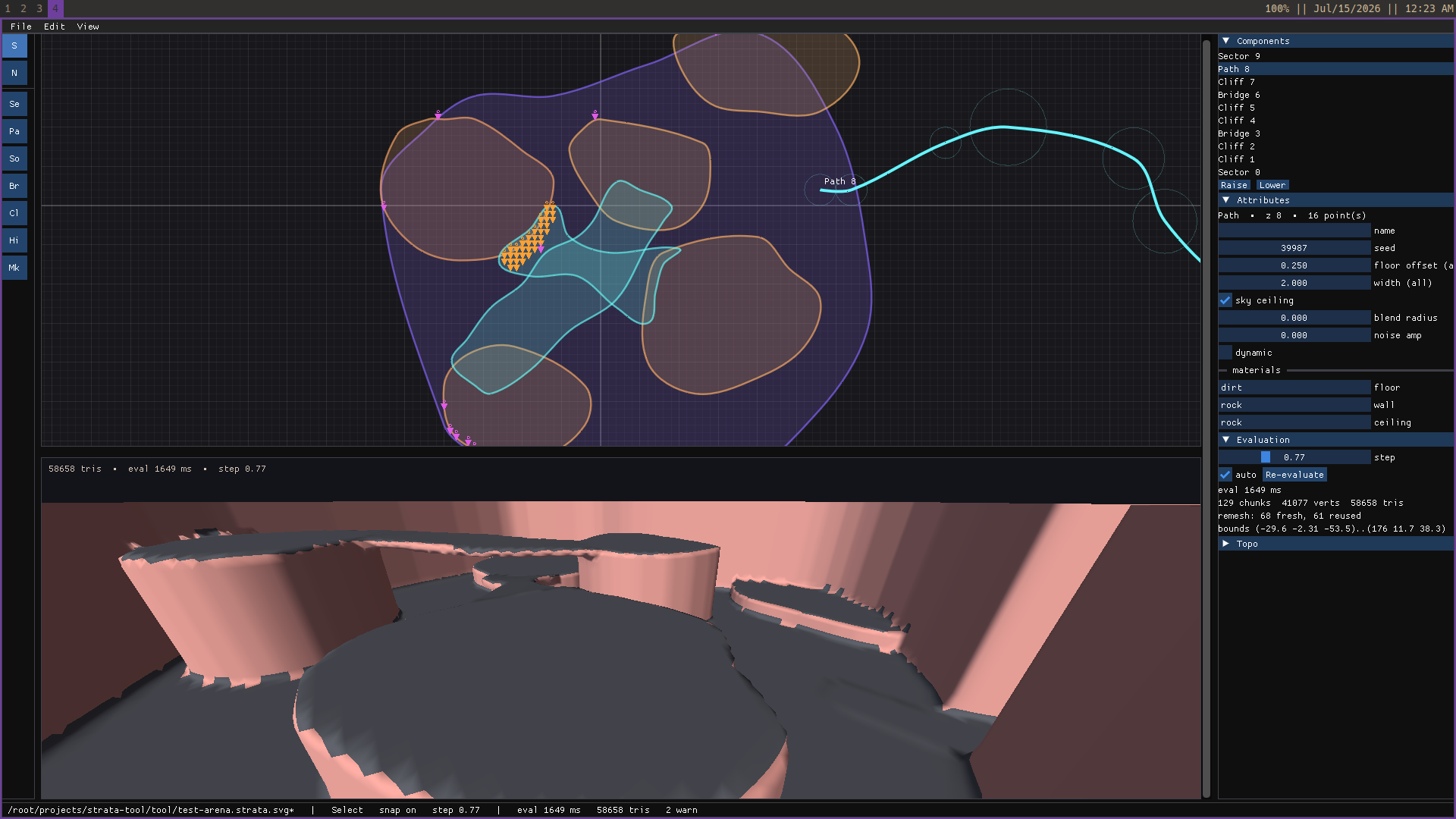 A Path sweeps a void (a stream) through the arena; bridges, cliffs, and every wall are compiler-derived, never drawn