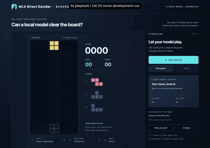 MLX Direct Decider Blocks: complete 20-move development run, shown at 4× playback