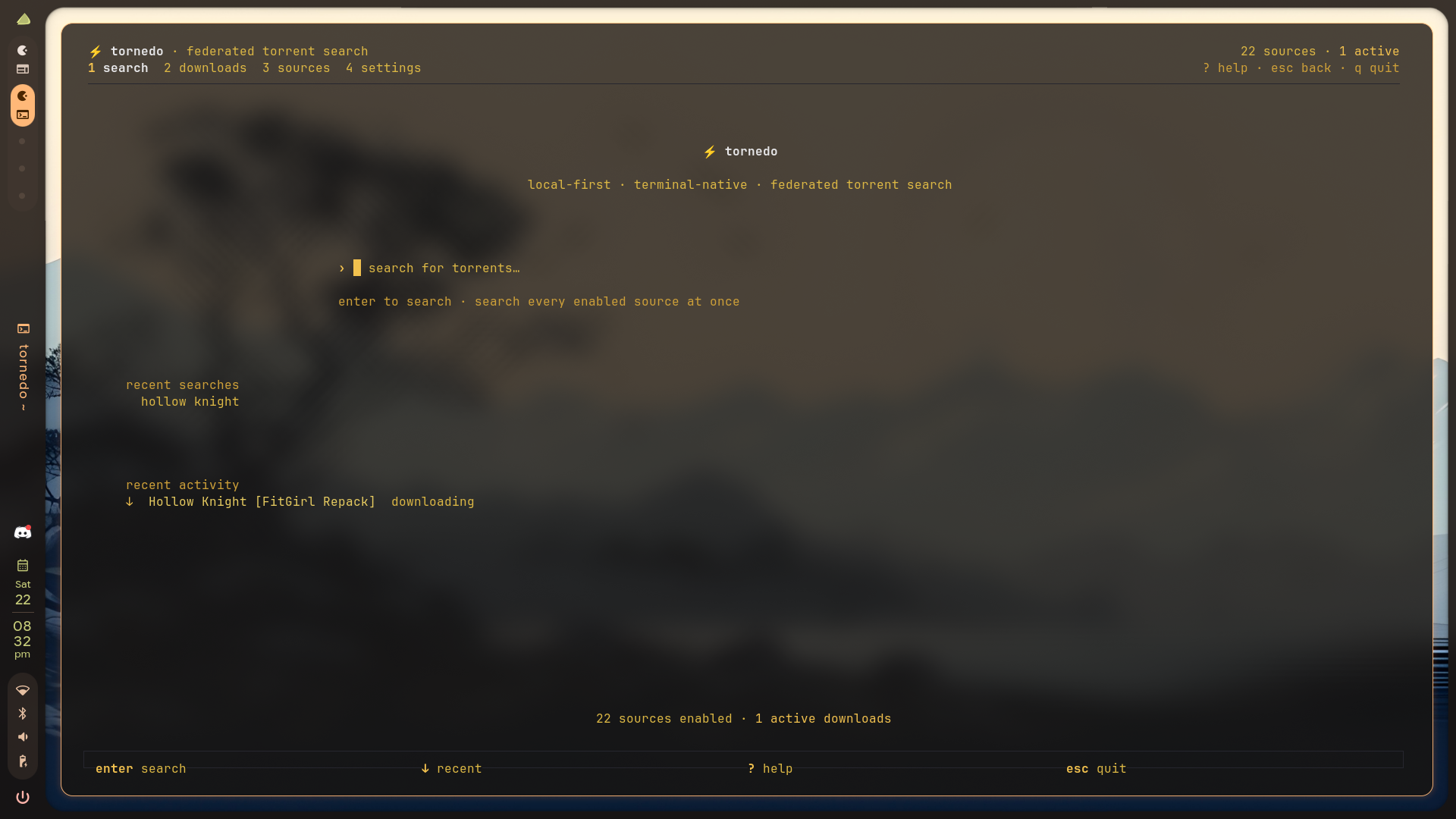 tornedo terminal UI - home screen