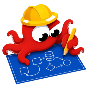 OpenDiagram mascot - an octopus architect drawing a system architecture diagram on a blueprint