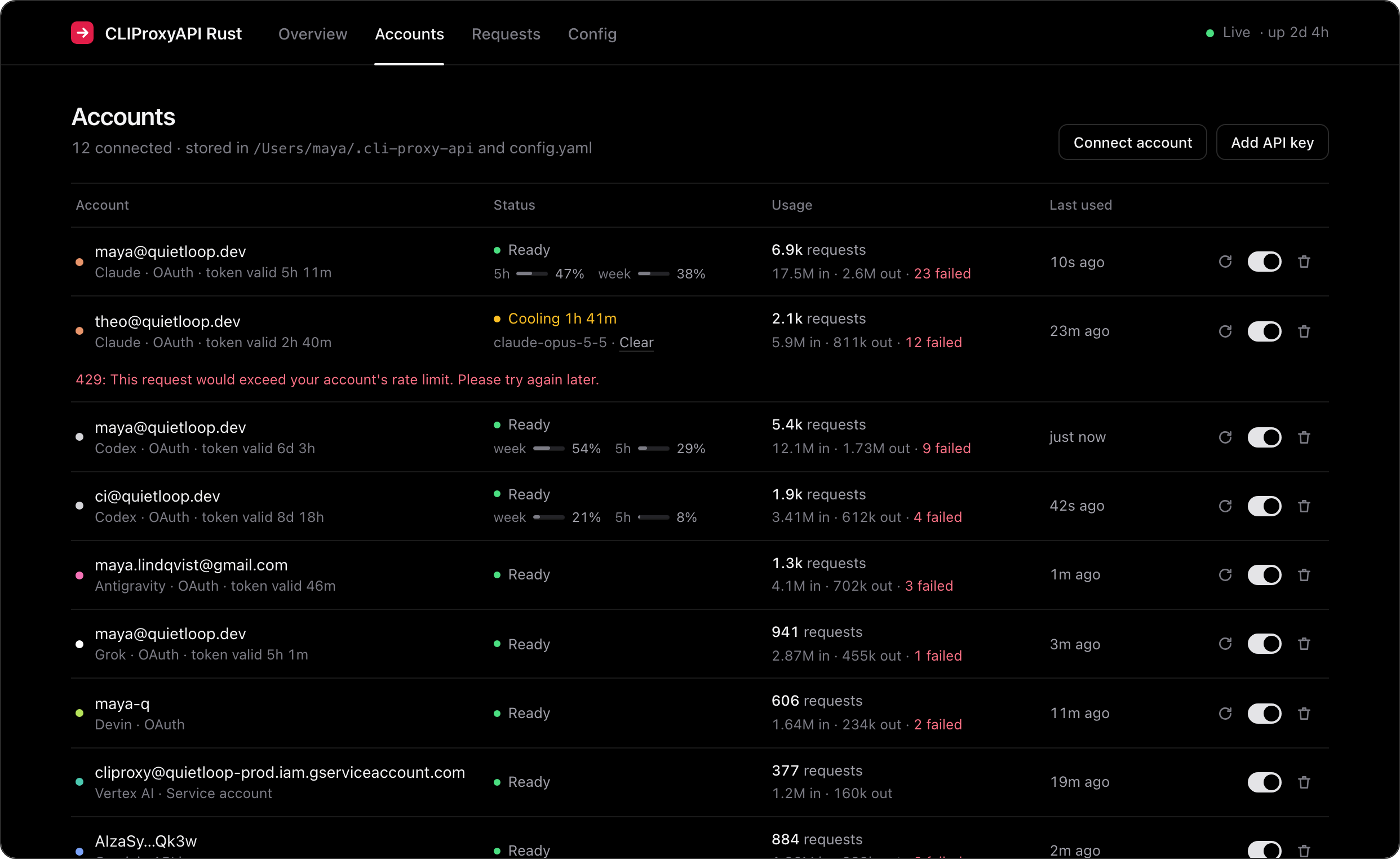 Accounts page with OAuth accounts, API keys, a cooling account and a disabled key