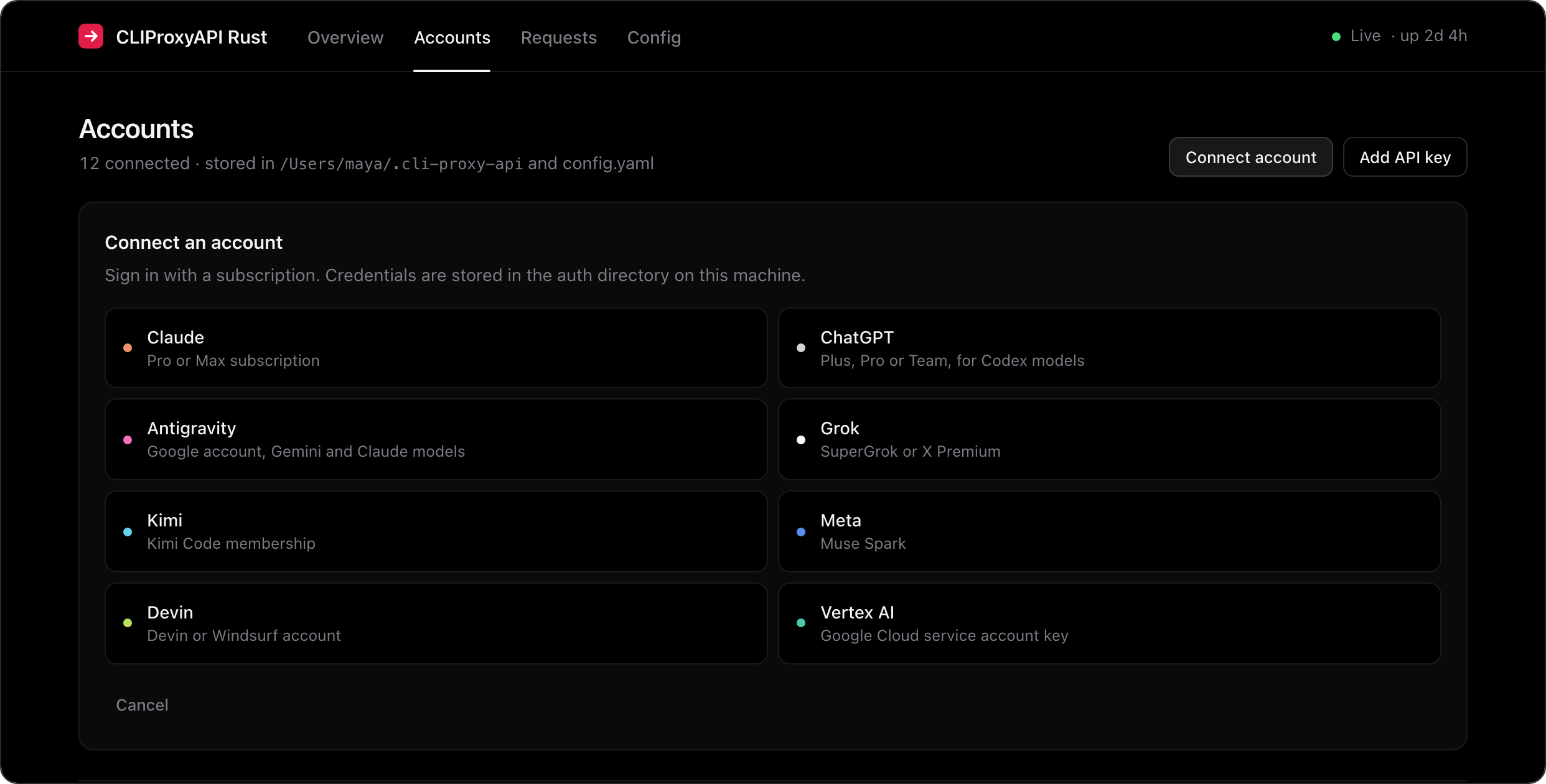 Connect an account panel listing Claude, ChatGPT, Antigravity, Grok, Kimi, Meta, Devin and Vertex AI