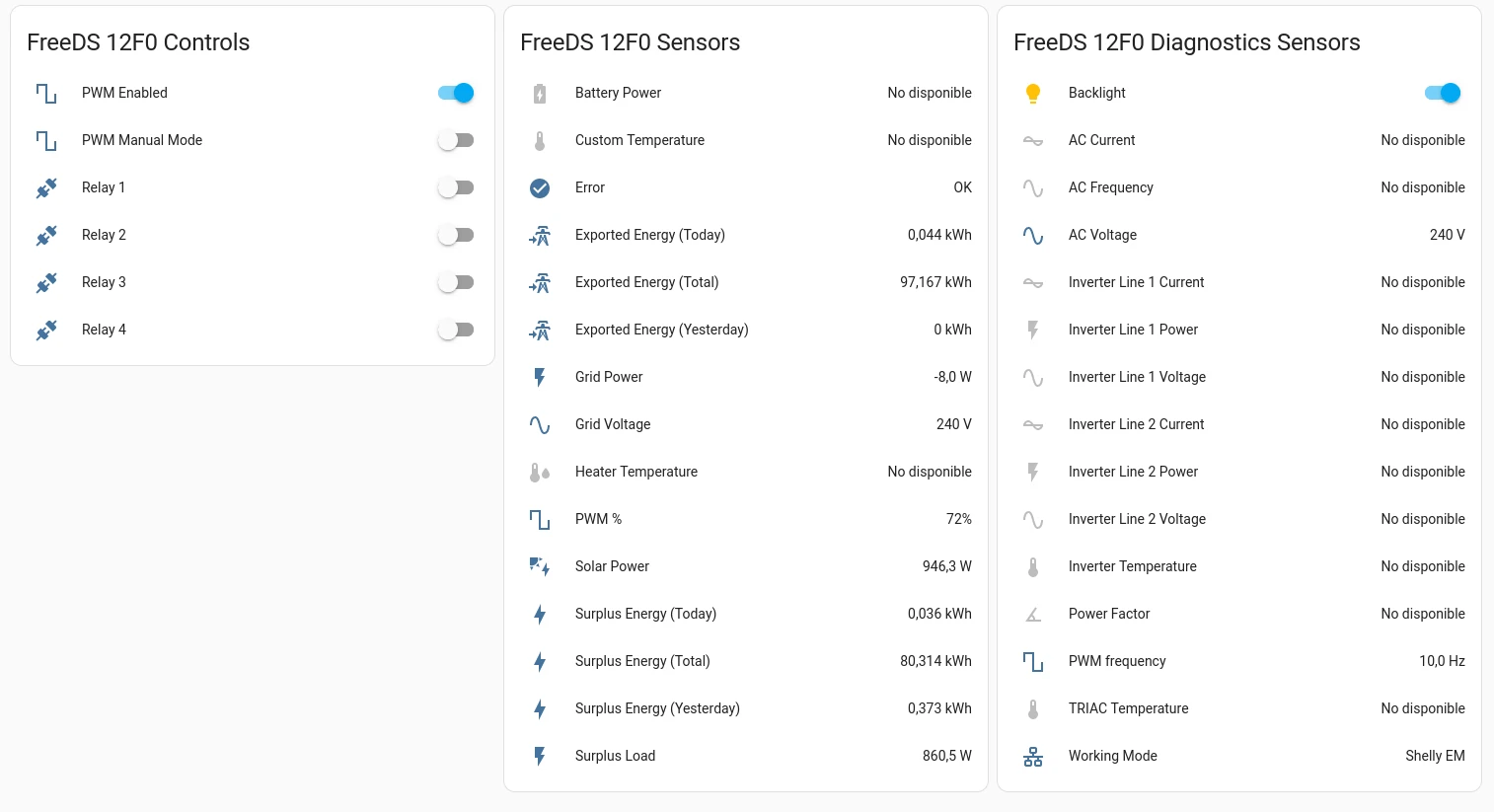 Screenshot of FreeDS sensors in Home Assistant