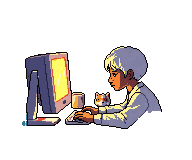 A pixel-art character coding at a desk with a fox companion
