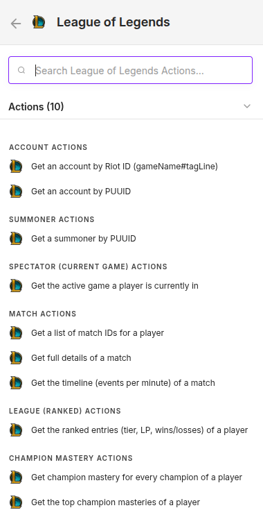 League of Legends node actions in n8n
