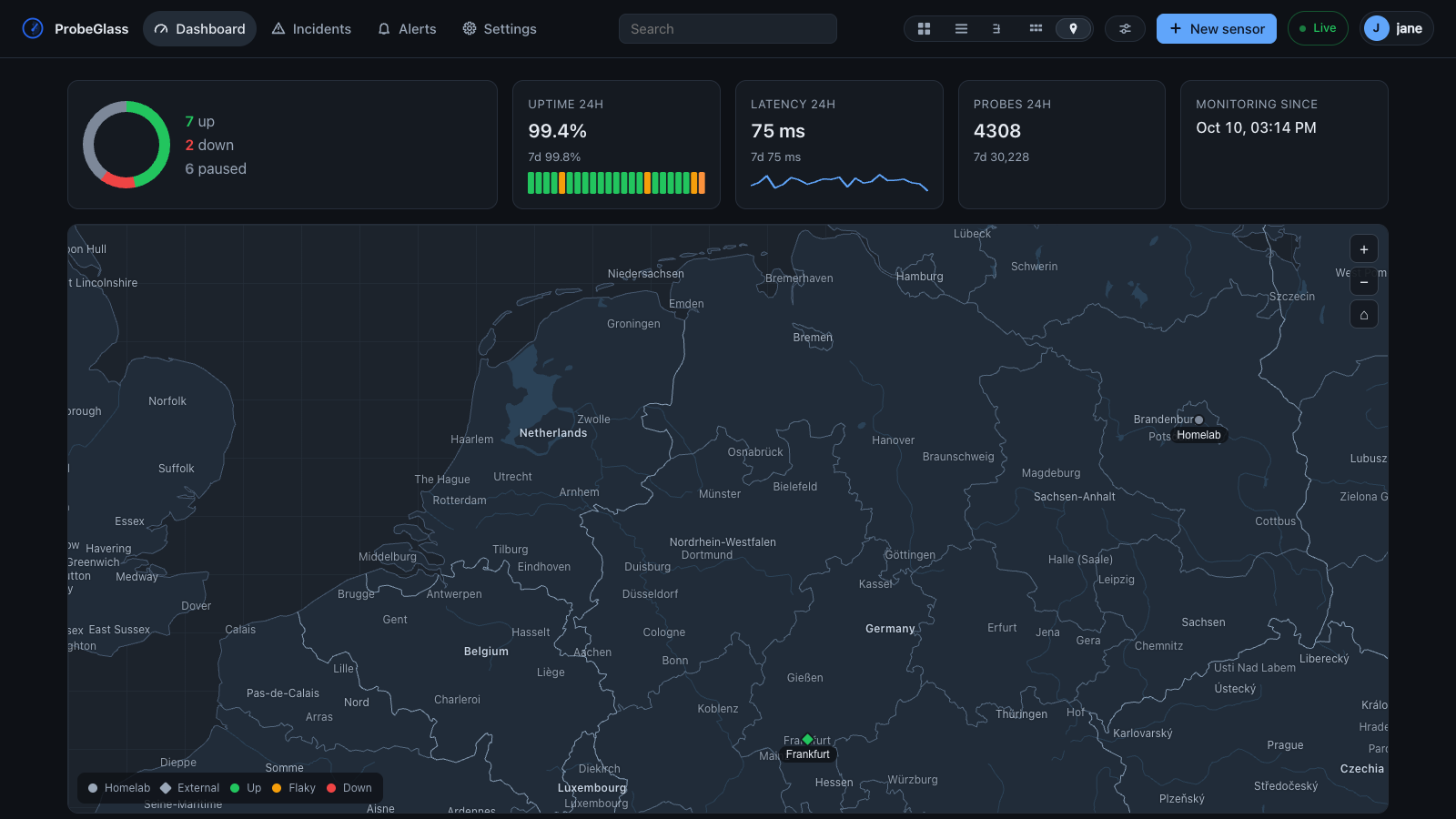The same map zoomed in on Germany: the borders of the Bundesländer as thin lines, the lakes and rivers, the names of the provinces and of cities such as Hamburg, Bremen, Hannover and Leipzig, and the Homelab marker sitting on Berlin.