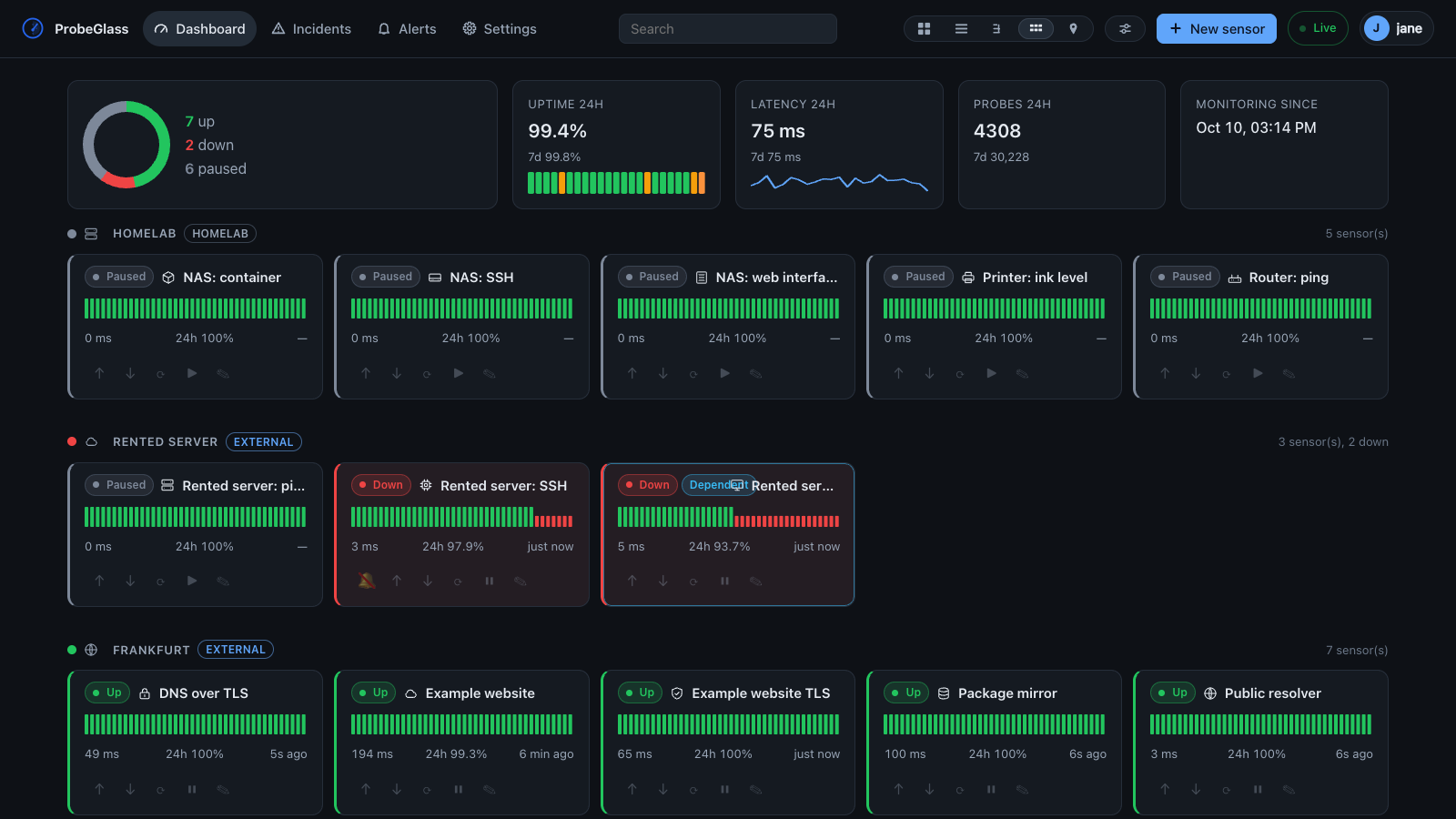 The wall view: one tile per sensor, grouped by site, each carrying the last forty checks as a strip of bars, with the latency and the 24-hour uptime beneath them.