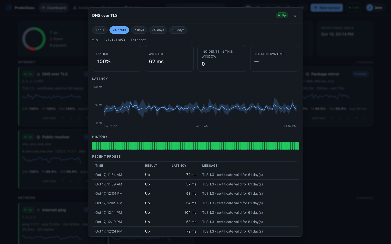 One sensor in its own window: the latency of the last 24 hours as a chart with the average and a shaded band, a strip of the checks in the window that is selected, and the individual probes below with their time, result, latency and message.