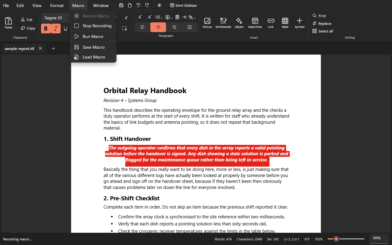 The Macro menu open during a recording, with Record Macro greyed out and Stop Recording available, the status bar reading "Recording macro...", and the bold, italic and centre commands already captured showing in the ribbon and applied to the selected paragraph