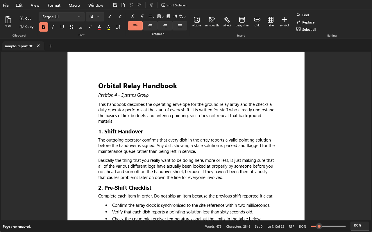 SmrtPad main window with the Home ribbon expanded over a tabbed document, showing a formatted report in page view with a heading, body text, a bulleted list and a table