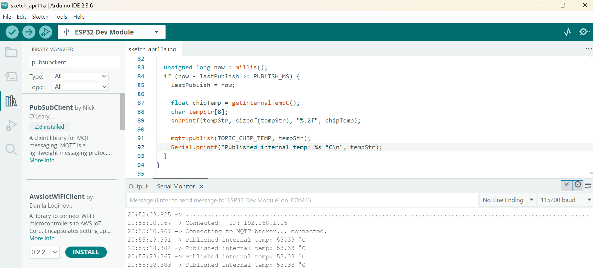 Arduino IDE ESP32 internal temperature example