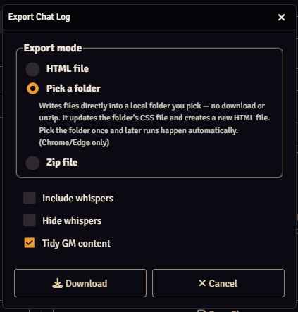 Chat log archive dialog