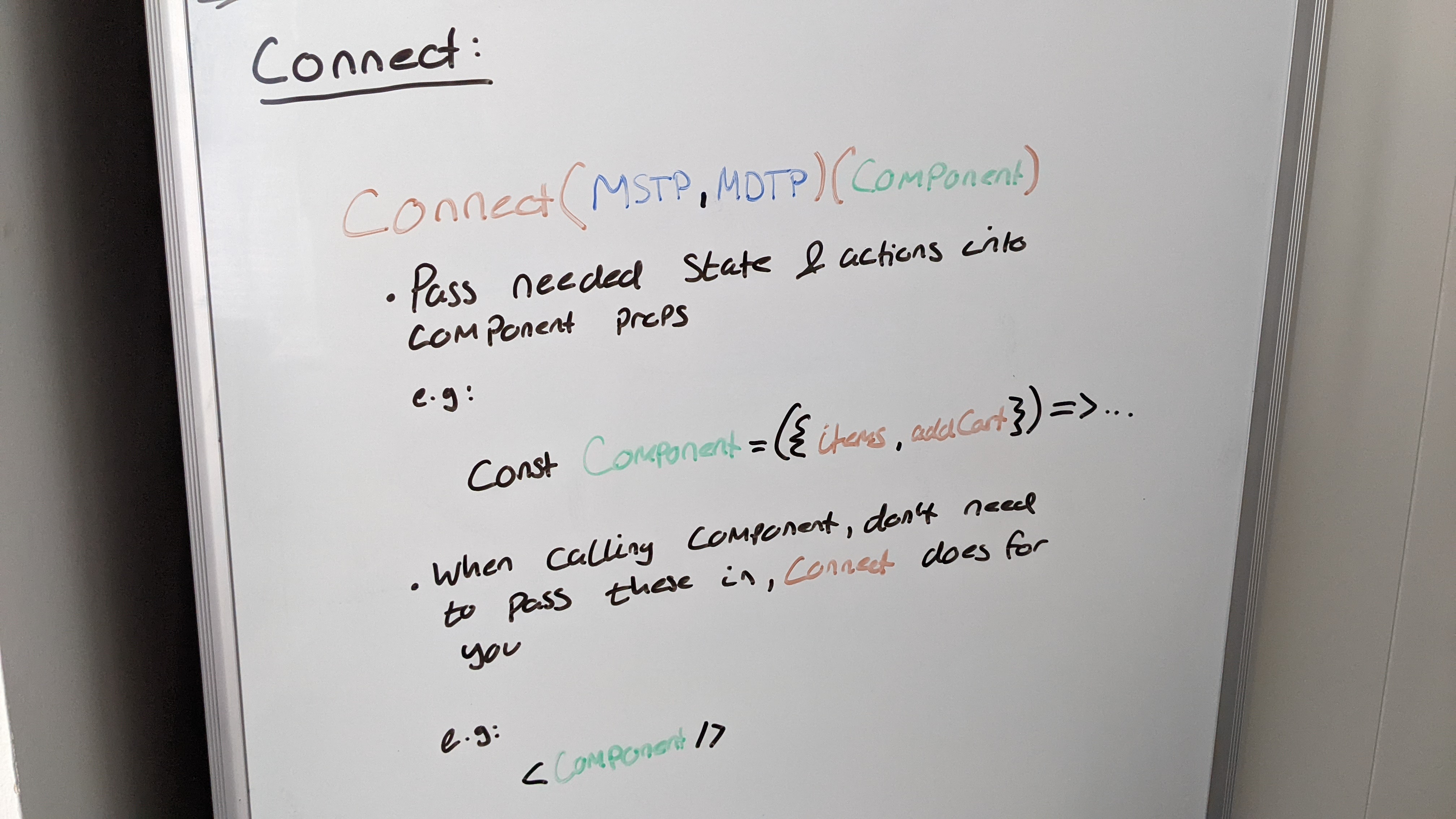 The connect function passes state and actions into a component's props, via the MSTP and MDTP functions