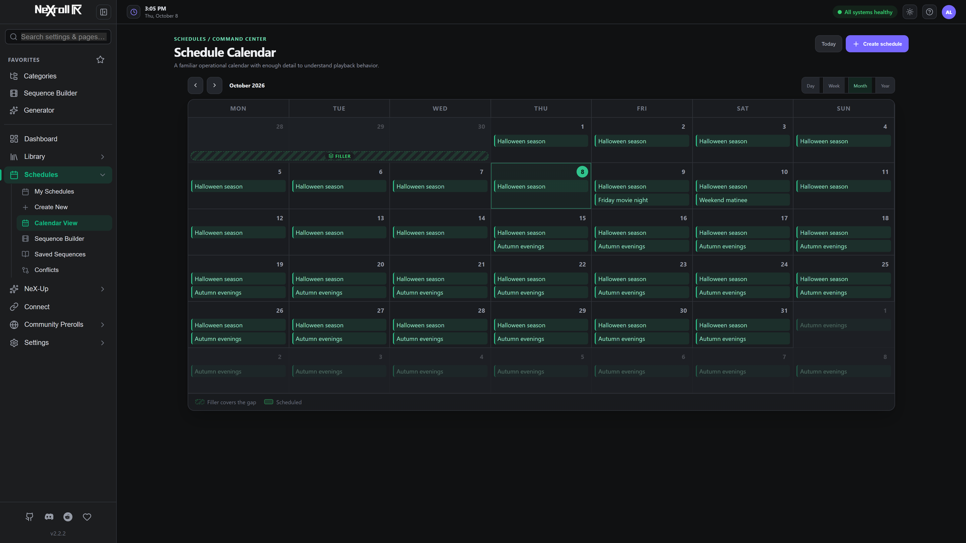 Calendar showing seasonal selections, individual events, and filler coverage