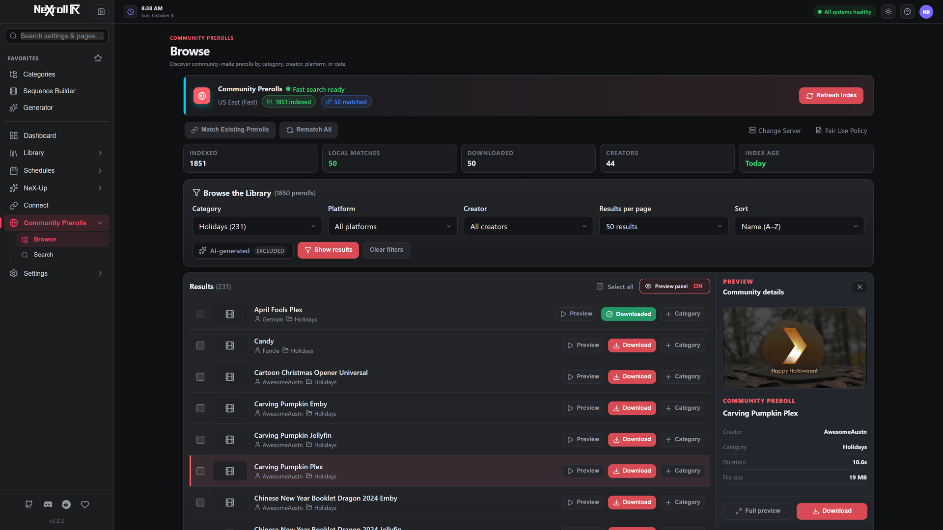 Community browsing filtered to holiday prerolls, with the preview panel showing one of them