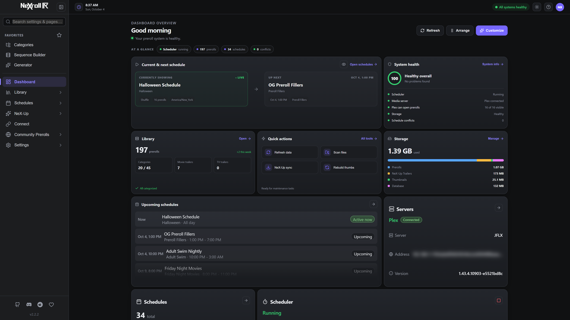 The NeXroll dashboard showing the current and next schedule, system health, library and storage