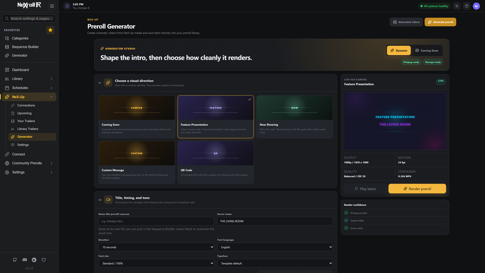 NeX-Up Generator Studio with a live preroll preview and presentation controls