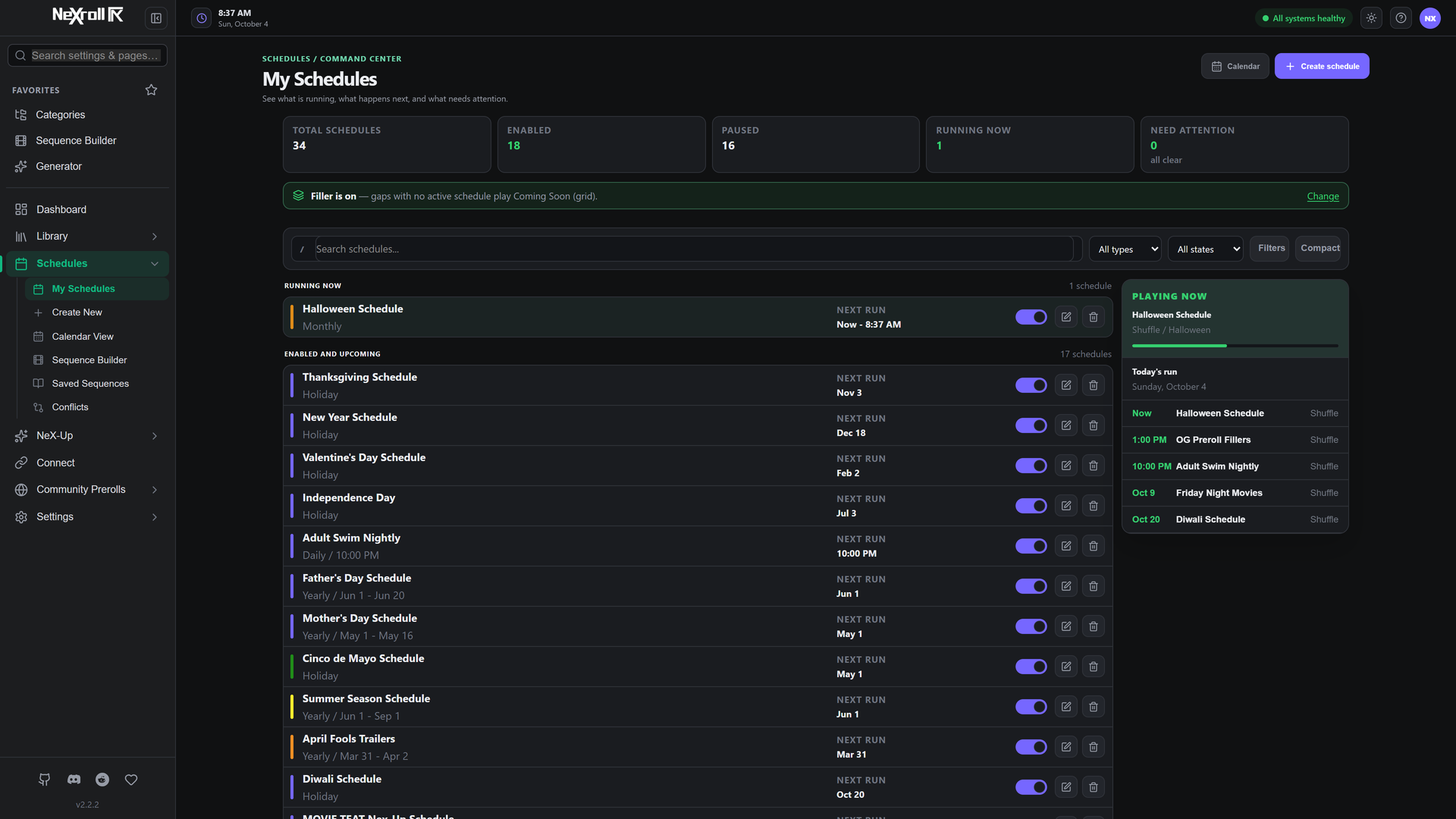Schedule management with named schedules, timing, and playback rules