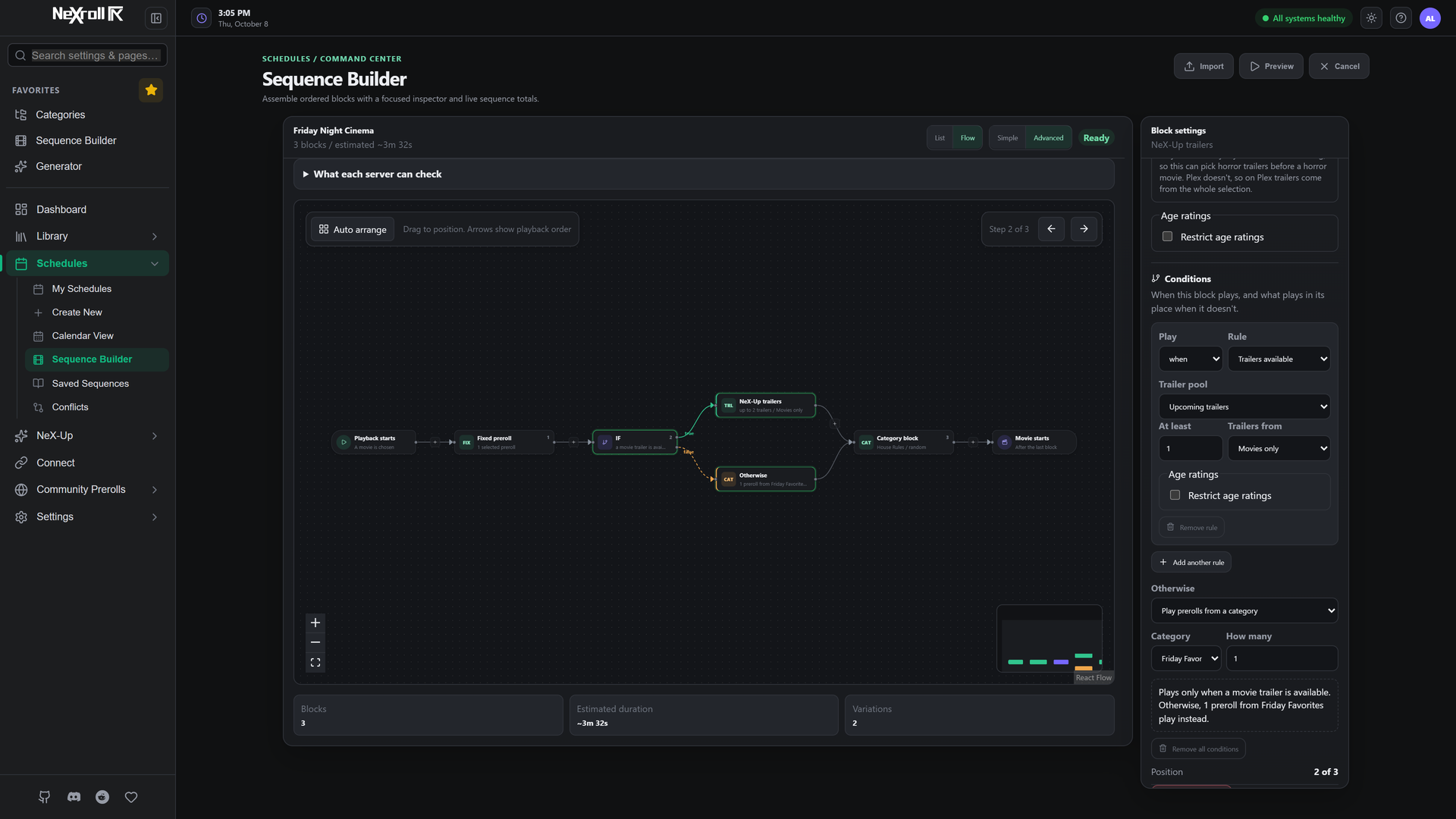 Flow view showing a sequence that plays NeX-Up trailers when trailers are available and falls back to a category when they are not