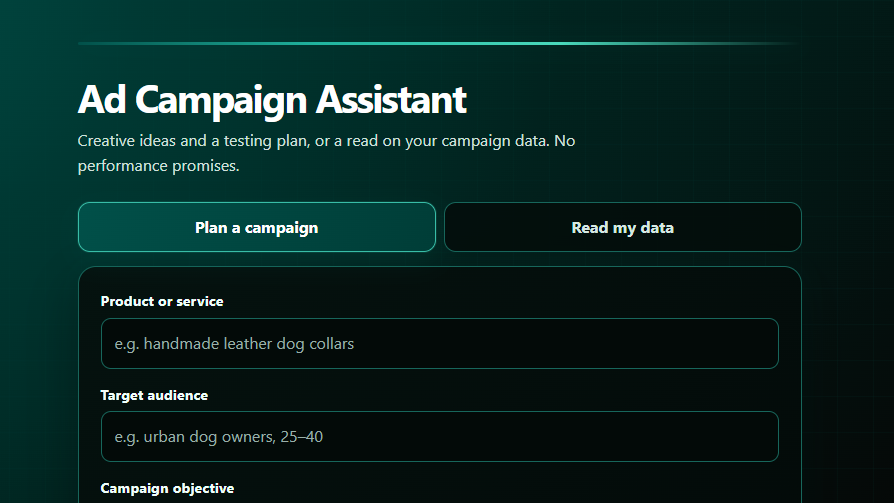 Ad Campaign Assistant campaign planner screenshot