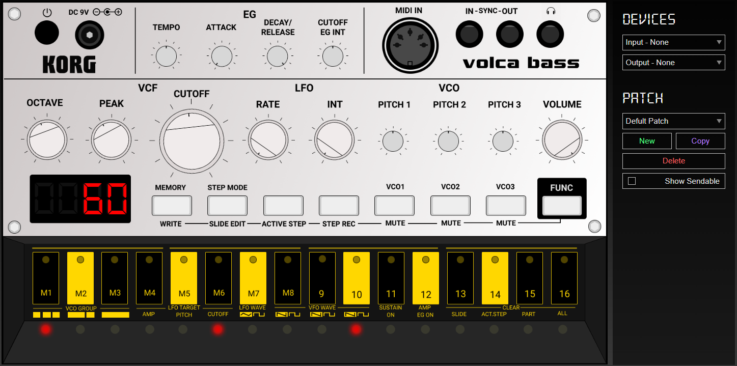 Volca.CC web editor showing a drawn volca bass panel with knobs, a 16-key sequencer row and a devices and patch sidebar