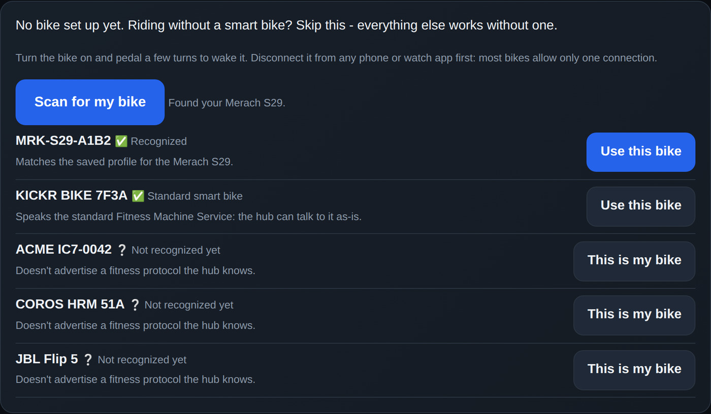 The bike scan: recognized bikes first, each with a button