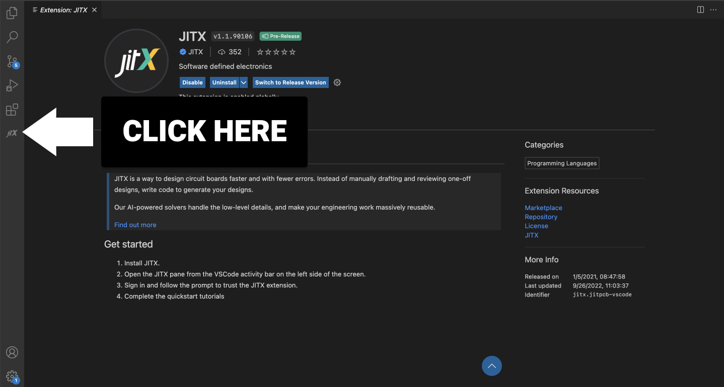  Screenshot of JITX with icon on the left hand side of the screen