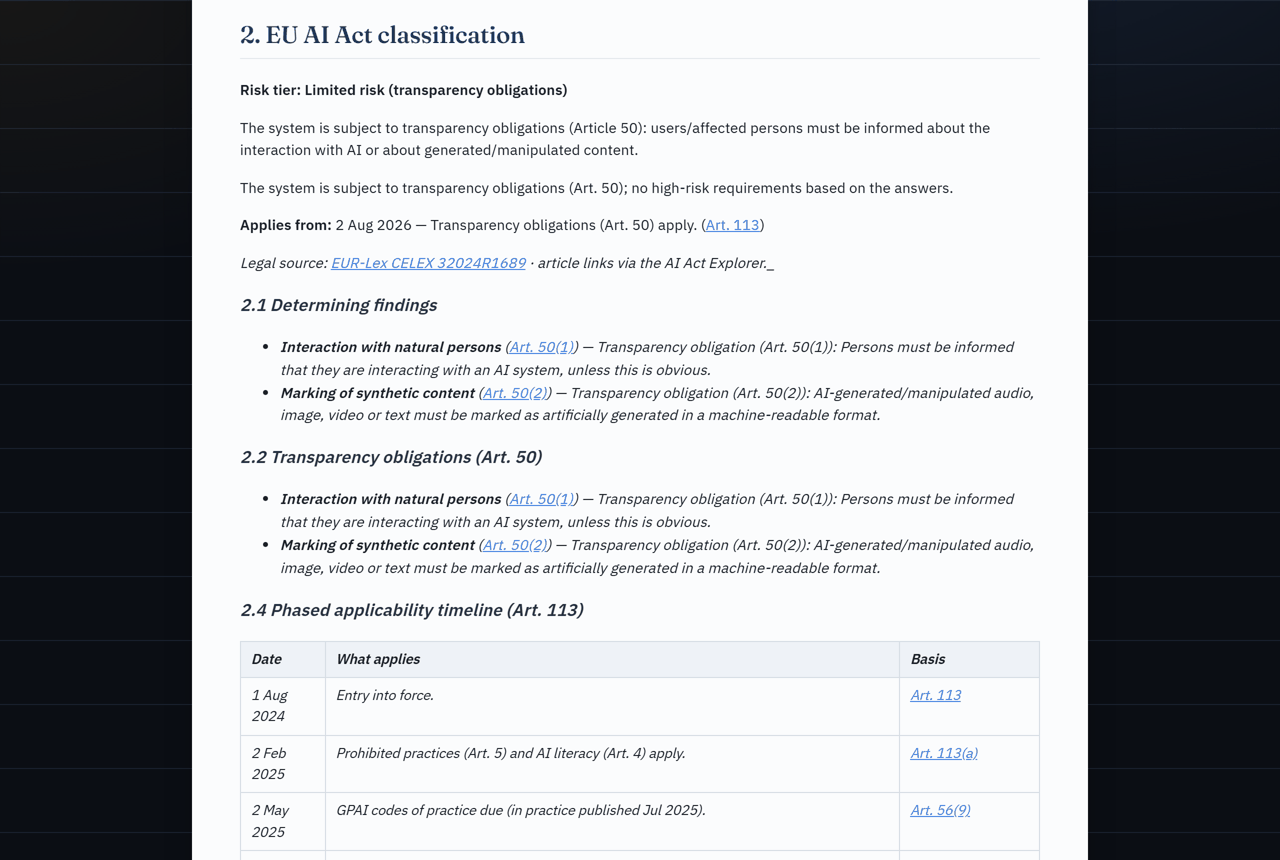 AI Act Companion — classify a system, then review the architecture-aware AI security severity, the prioritised red-team test plan, the matching defensive control catalogue, the OWASP GenAI Data Security findings, and the NIST CSF 2.0 / ISO 27001 framework matrix