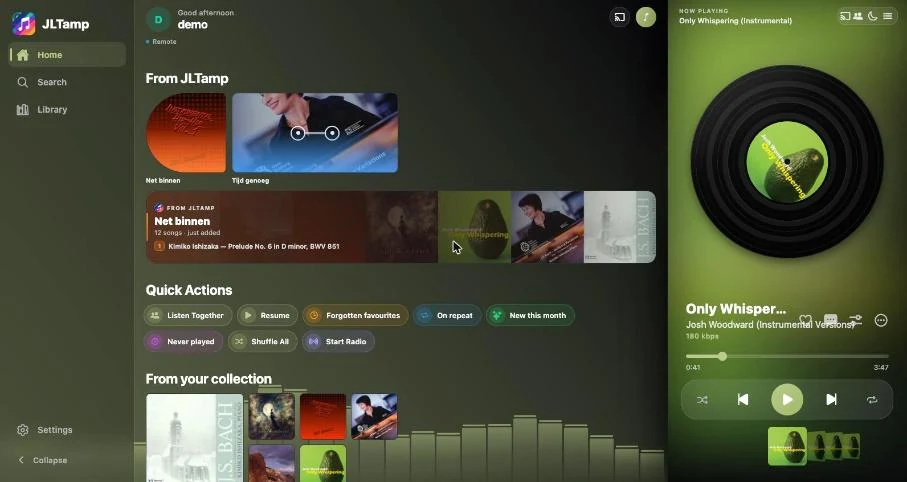 JLTamp web player: home, album, playback, search and library