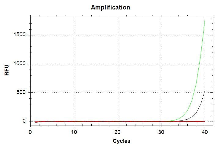 CAct amplification plot. Green line is 1000pg input DNA and corresponds to a Cq value of ~37. Black line is 100pg input DNA and corresponds to a Cq value of ~39.