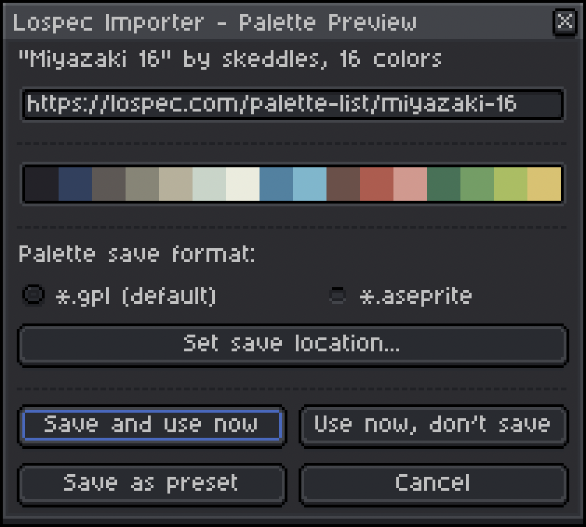 a screenshot of my Aseprite extension 'Lospec Palette Importer'