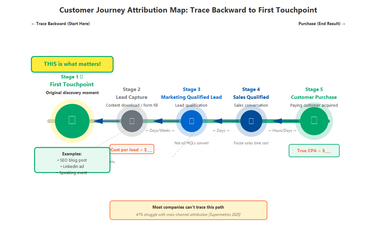 Customer journey attribution map showing five stages from first marketing touchpoint through purchase with backward tracing methodology from customer to original discovery moment including cost analysis and attribution complexity