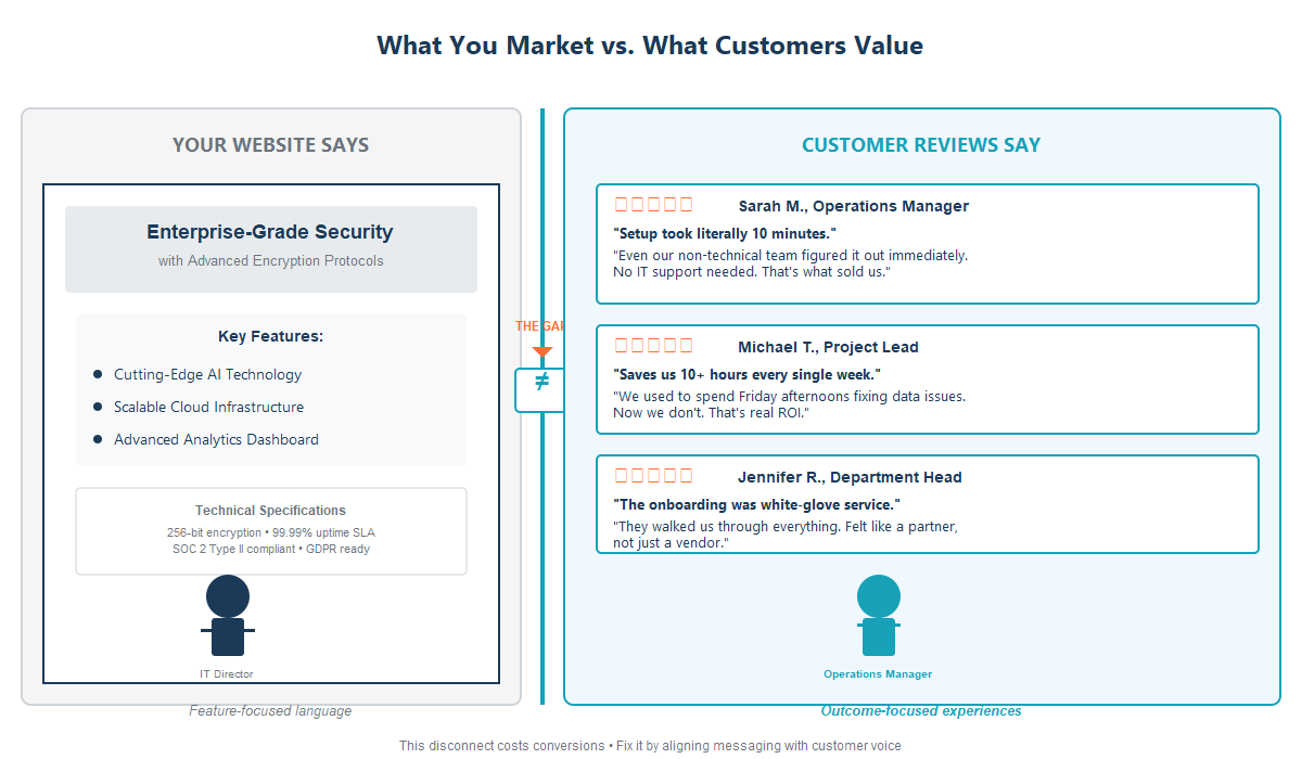 Split-screen comparison showing feature-focused website messaging emphasizing enterprise security and AI technology on left, versus outcome-focused customer testimonials highlighting easy setup and time savings on right, revealing fundamental messaging disconnect
