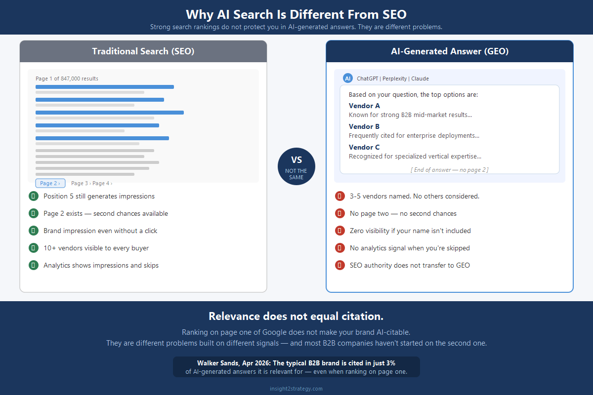 Side-by-side comparison of traditional search showing 10 ranked results versus AI-generated answer showing only 3-5 vendors named, illustrating why SEO rankings don't guarantee AI visibility