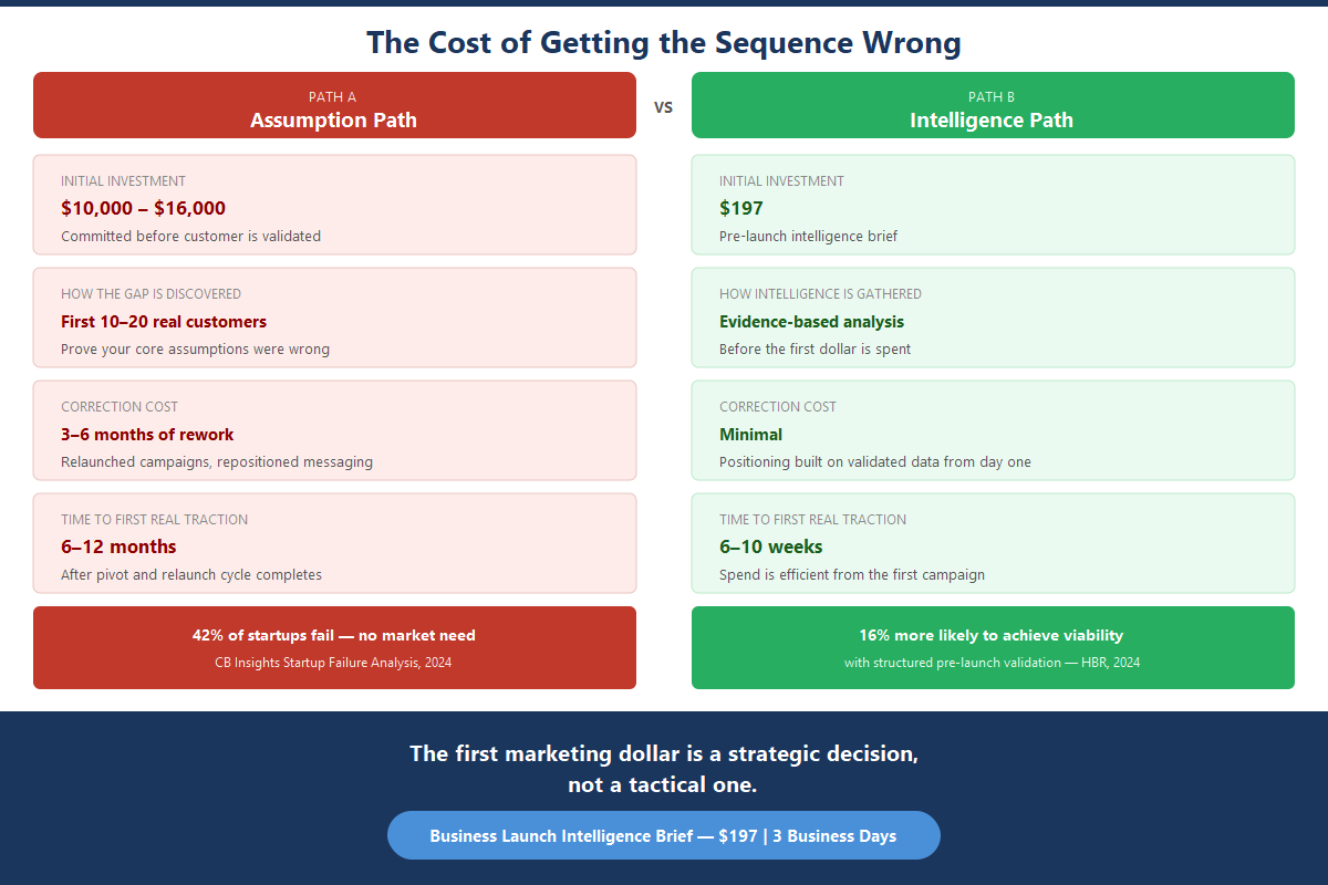 Side-by-side comparison of assumption-driven launch costing $16,000 and six to twelve months to traction versus intelligence-first launch at $197 with first traction in six to ten weeks
