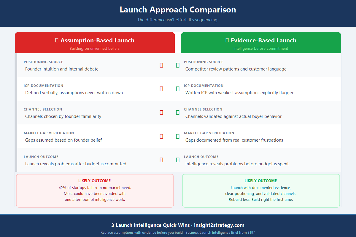 Side-by-side comparison of assumption-based launch versus evidence-based launch across five strategic dimensions including positioning source, ICP documentation, and channel selection