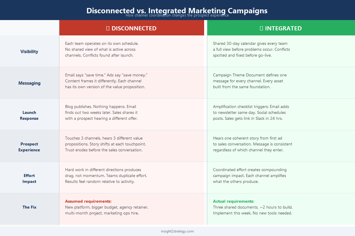 Side-by-side comparison chart: disconnected marketing channels show inconsistent messaging and siloed effort; integrated channels show shared calendar, campaign theme document, and coordinated prospect experience