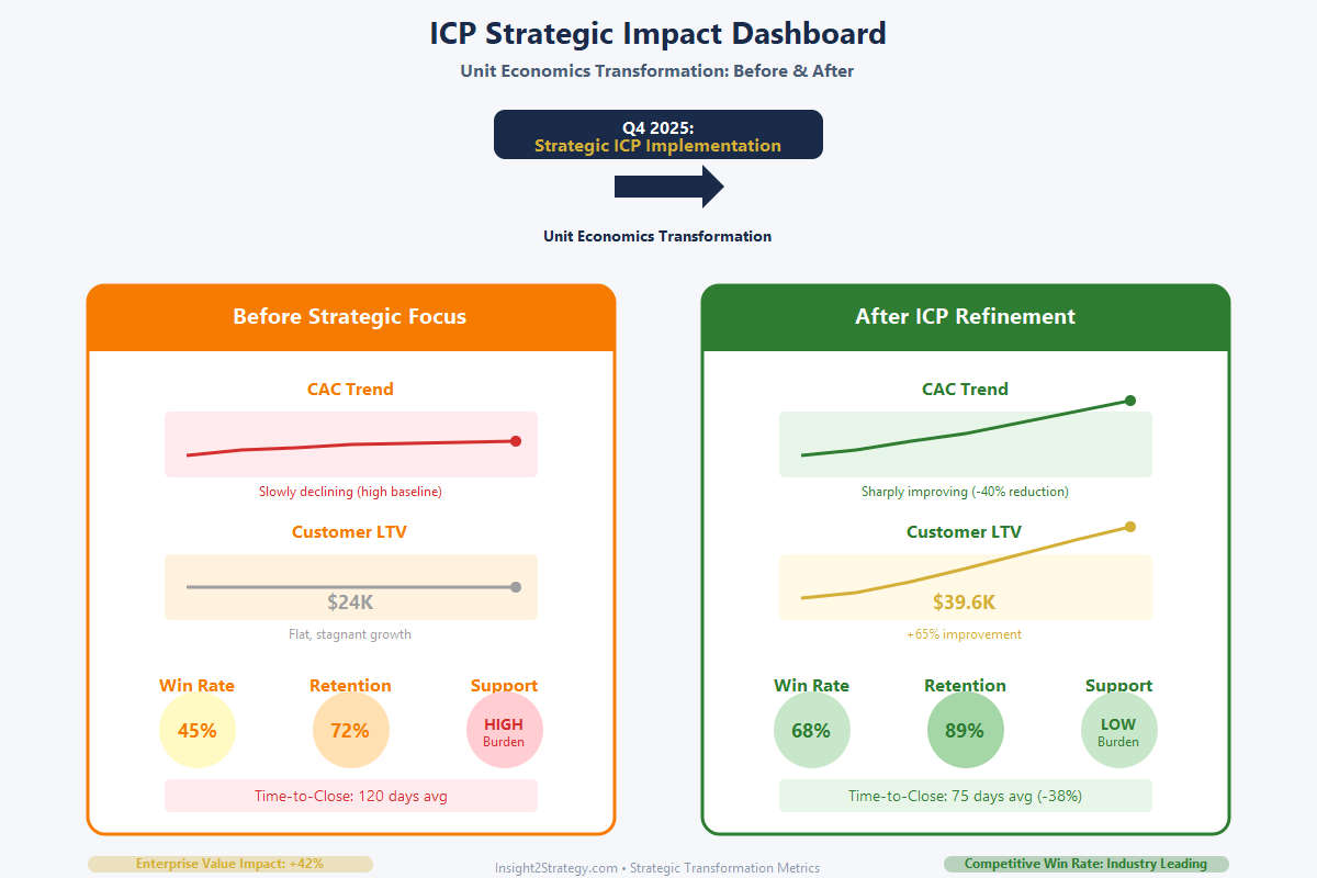 Executive dashboard showing before and after strategic ICP refinement metrics: left side shows before state with CAC declining slowly, LTV flat at 24K, win rate 45%, retention 72%, high support burden; right side shows after strategic focus with CAC down 40%, LTV up 65% to 39.6K, win rate 68%, retention 89%, low support burden, demonstrating unit economics transformation from Q4 2025 ICP implementation
