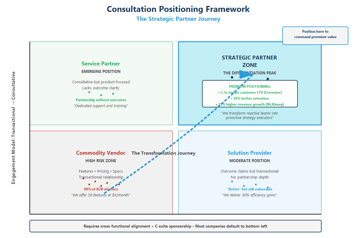 Consultation positioning framework 2x2 matrix showing Product Focus versus Outcome Focus on horizontal axis and Transactional versus Consultative on vertical axis with Strategic Partner Zone in top-right quadrant highlighted