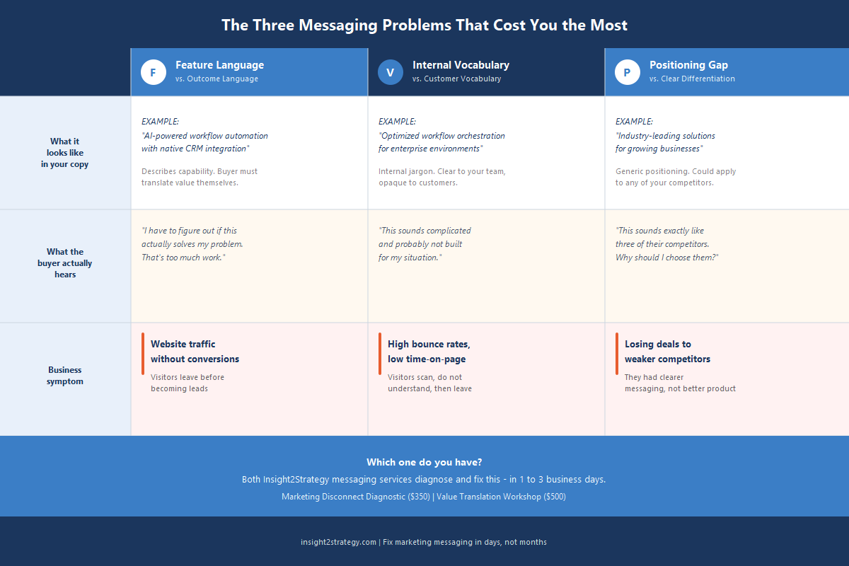 Three-column comparison chart showing the most common B2B messaging problems — feature language versus outcome language, internal vocabulary versus customer vocabulary, and positioning gaps — with examples of how each appears in copy and the business symptoms it produces