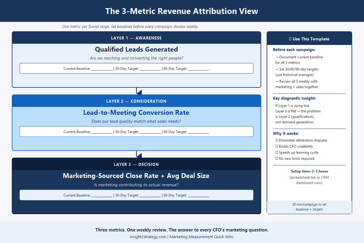 Three-layer marketing attribution framework with top funnel tracking qualified leads, middle funnel tracking lead-to-meeting conversion rate, and bottom funnel tracking close rate and deal size
