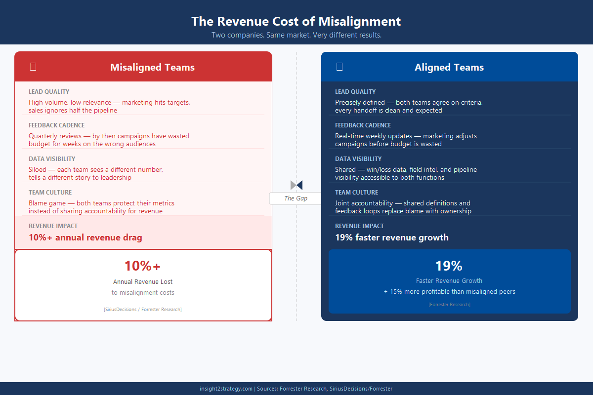 Side-by-side comparison chart titled 'The Revenue Cost of Misalignment' showing two columns: left column labeled Misaligned Teams with red X icon showing high lead volume but low conversion, quarterly feedback only, siloed data, blame culture, and 10 percent annual revenue drag; right column labeled Aligned Teams with green checkmark showing precise lead criteria, real-time weekly feedback, shared intelligence, joint accountability, and 19 percent faster revenue growth. Two large metric callout boxes at bottom highlight the contrast.